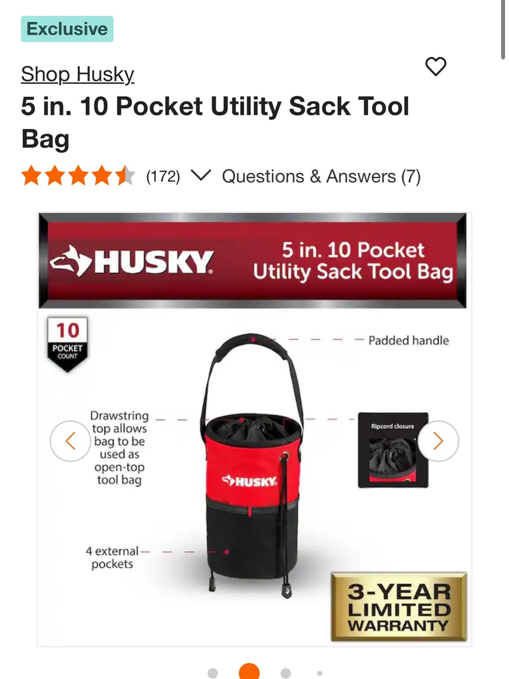 Husky 5 in. 10 Pocket Utility Sack Tool Bag - Red/Black